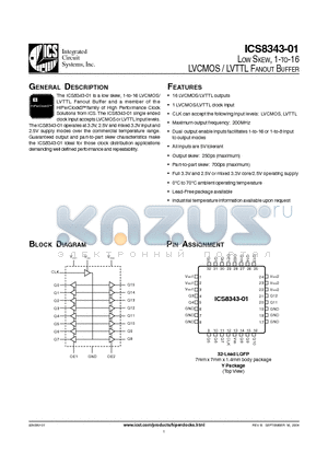 ICS8343AY-01 datasheet - LOW SKEW, 1-TO-16 LVCMOS / LVTTL FANOUT BUFFER