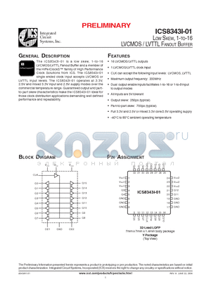 ICS8343AYI-01T datasheet - LOW SKEW, 1-TO-16 LVCMOS / LVTTL FANOUT BUFFER