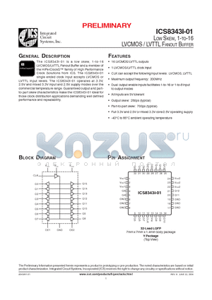 ICS8343I-01 datasheet - LOW SKEW, 1-TO-16 LVCMOS / LVTTL FANOUT BUFFER