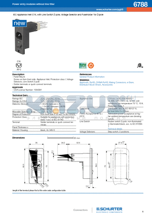 6788 datasheet - IEC Appliance Inlet C14, with Line Switch 2-pole, Voltage Selector and Fuseholder 1or 2-pole