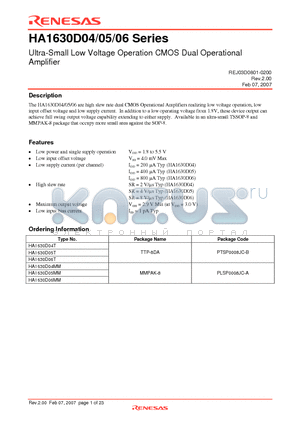 HA1630D06MM datasheet - Ultra-Small Low Voltage Operation CMOS Dual Operational Amplifier