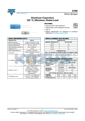 678D datasheet - Aluminum Capacitors 105 `C, Miniature, Radial Lead