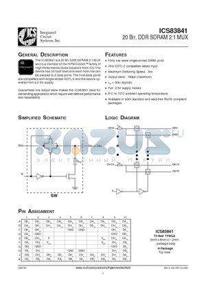 ICS83841BHLFT datasheet - 20 BIT, DDR SDRAM 2:1 MUX