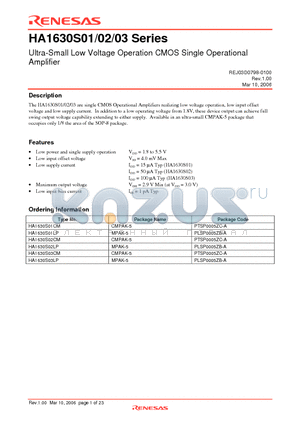 HA1630S02 datasheet - Ultra-Small Low Voltage Operation CMOS Single Operational Amplifier