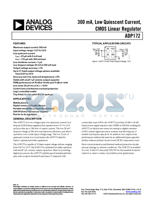 ADP172 datasheet - 300 mA, Low Quiescent Current, CMOS Linear Regulator