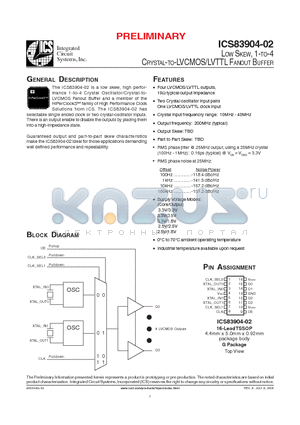 ICS83904AG-02T datasheet - LOW SKEW, 1-TO-4 CRYSTAL-TO-LVCMOS/LVTTL FANOUT BUFFER