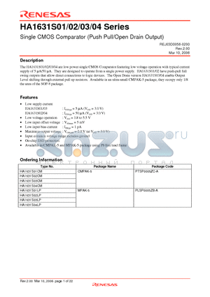 HA1631S01 datasheet - Single CMOS Comparator (Push Pull/Open Drain Output)