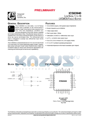 ICS83940AYT datasheet - LOW SKEW, 1-TO-18 LVCMOS FANOUT BUFFER