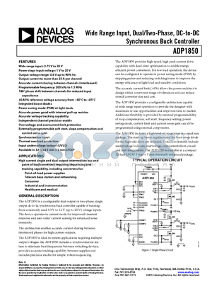 ADP1850 datasheet - Wide Range Input, Dual/Two-Phase, DC-to-DC Synchronous Buck Controller