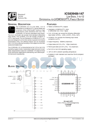 ICS83948AYI-147 datasheet - LOW SKEW, 1-TO-12 DIFFERENTIAL-TO-LVCMOS/LVTTL FANOUT BUFFER