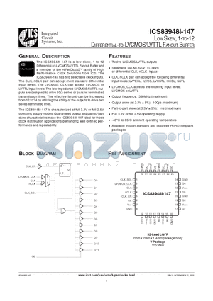 ICS83948AYI-147LF datasheet - LOW SKEW, 1-TO-12 DIFFERENTIAL-TO-LVCMOS/LVTTL FANOUT BUFFER