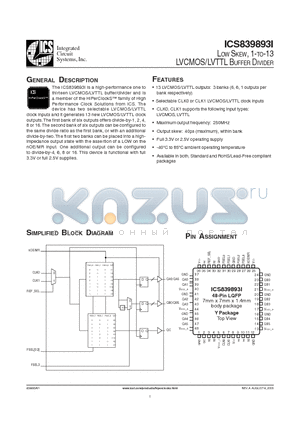 ICS839893AYILF datasheet - LOW SKEW, 1-TO-13 LVCMOS/LVTTL BUFFER DIVIDER