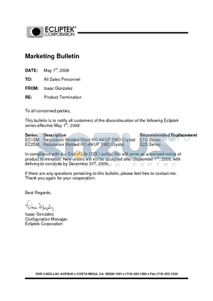 EC1SMH-30.000M datasheet - CRYSTAL