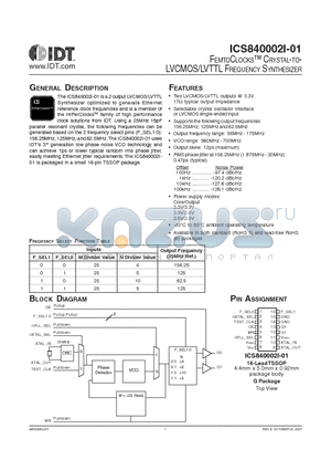 ICS840002AGI-01LFT datasheet - FEMTOCLOCKS CRYSTAL-TO LVCMOS/LVTTL FREQUENCY SYNTHESIZER