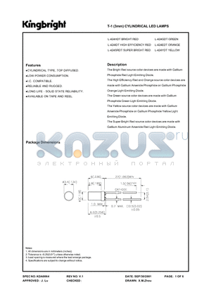 L-424IDT datasheet - T-1(3mm) CYLINDRICAL LED LAMPS