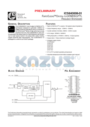 ICS840008AR01 datasheet - FEMTOCLOCKS CRYSTAL-TO-LVCMOS/LVTTL FREQUENCY SYNTHESIZER