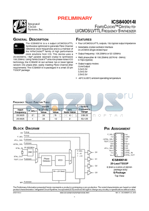 ICS840014AGI datasheet - FEMTOCLOCKS CRYSTAL-TO LVCMOS/LVTTL FREQUENCY SYNTHESIZER