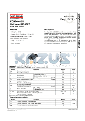 FCH76N60N datasheet - N-Channel MOSFET