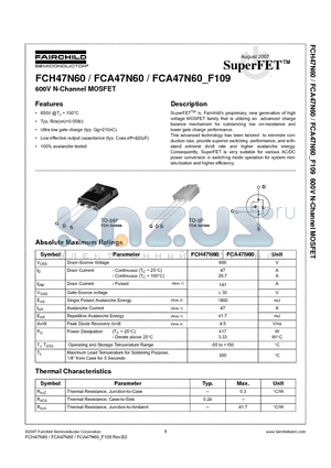 FCH47N60_07 datasheet - 600V N-Channel MOSFET