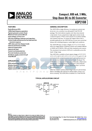 ADP2108ACBZ-1.5-R7 datasheet - Compact, 600 mA, 3 MHz, Step-Down DC-to-DC Converter