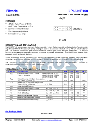 LP6872P100 datasheet - Packaged 0.5W Power PHEMT