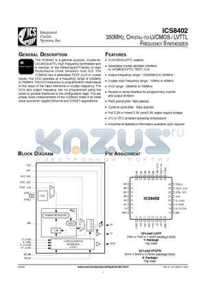 ICS8402 datasheet - 350MHZ, CRYSTAL-TO-LVCMOS / LVTTL FREQUENCY SYNTHESIZER