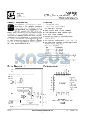 ICS84021 datasheet - 260MHZ, CRYSTAL-TO-LVCMOS / LVTTL FREQUENCY SYNTHESIZER