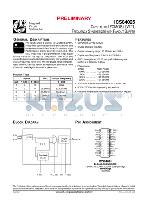 ICS84025 datasheet - CRYSTAL-TO-LVCMOS / LVTTL FREQUENCY SYNTHESIZER WITH FANOUT BUFFER