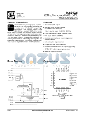 ICS8402AYI datasheet - 350MHZ, CRYSTAL-TO-LVCMOS / LVTTL FREQUENCY SYNTHESIZER