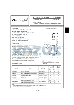 L-483Y datasheet - T-1 (3mm) CYLINDRICAL LED LAMPS
