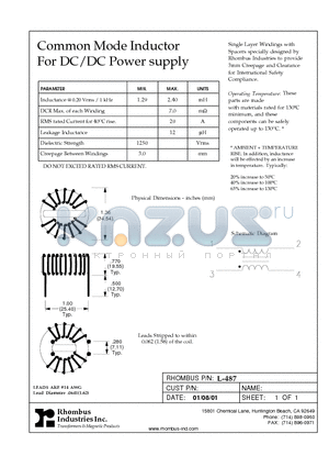 L-487 datasheet - Common Mode Inductor For DC/DC Power supply