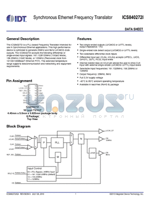 ICS840272I datasheet - Synchronous Ethernet Frequency Translator