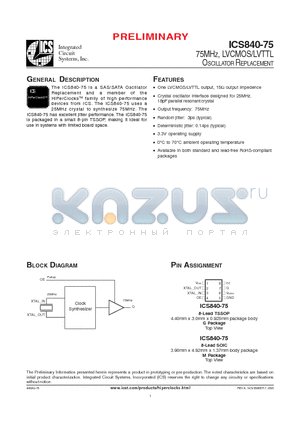 ICS840AG-75LF datasheet - 75MHZ, LVCMOS/LVTTL OSCILLATOR REPLACEMENT