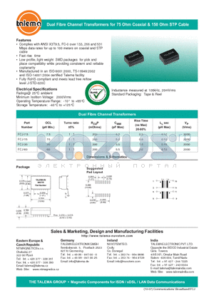 FCJ-7.5 datasheet - Dual Fibre Channel Transformers for 75 Ohm Coaxial & 150 Ohm STP Cable