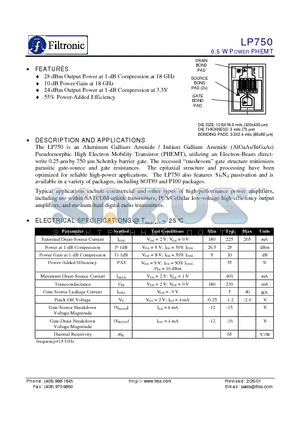 LP750 datasheet - 0.5 W POWER PHEMT