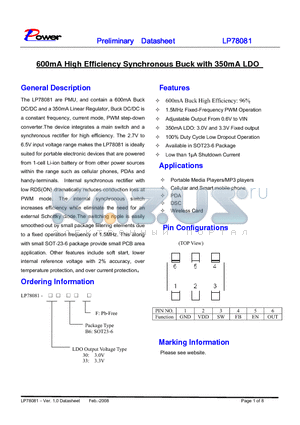 LP78081-30B6F datasheet - 600mA High Efficiency Synchronous Buck with 350mA LDO