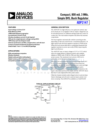 ADP2147CB-150EVALZ datasheet - Compact, 800 mA, 3 MHz, Simple DVS, Buck Regulator Input voltage: 2.3 V to 5.5 V