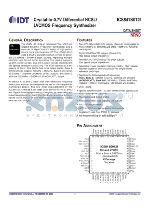 ICS841S012I datasheet - Crystal-to-0.7V Differential HCSL/LVCMOS Frequency Synthesizer