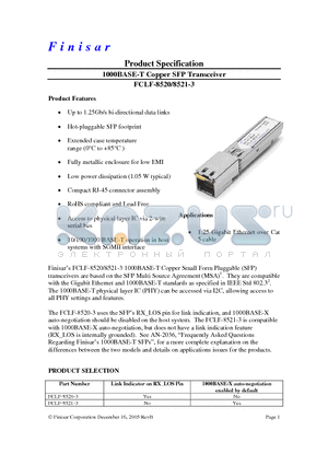 FCLF-8520-3 datasheet - 1000BASE-T Copper SFP Transceiver