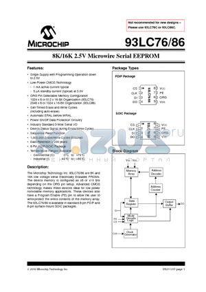 93LC86 datasheet - 8K/16K 2.5V Microwire Serial EEPROM