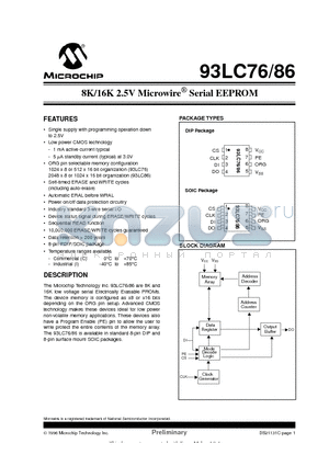 93LC86-IP datasheet - 8K/16K 2.5V Microwire  Serial EEPROM