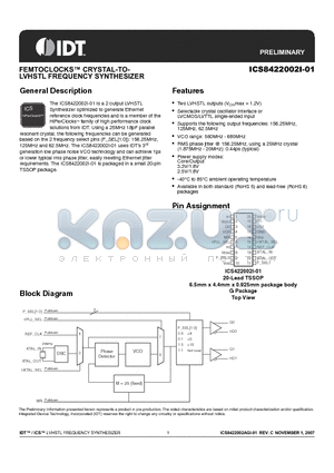 ICS8422002I-01 datasheet - FEMTOCLOCKS CRYSTAL-TOLVHSTL FREQUENCY SYNTHESIZER