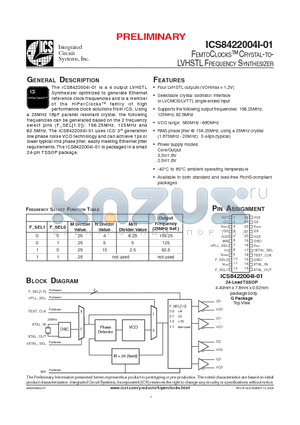 ICS8422004AGI-01LF datasheet - FEMTOCLOCKS CRYSTAL-TO-LVHSTL FREQUENCY SYNTHESIZER