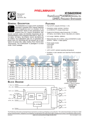 ICS8422004AGIT datasheet - FEMTOCLOCKS LVCMOS/CRYSTAL-TO-LVHSTL FREQUENCY SYNTHESIZER