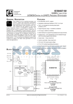 ICS8427DY-02LFT datasheet - 500MHZ, LOW JITTER LVCMOS/CRYSTAL-TO-LVHSTL FREQUENCY SYNTHESIZER