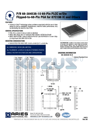 68-304538-10 datasheet - 68-Pin PLCC w/Die Flipped-to-68-Pin PGA for 87C196 IC and Others