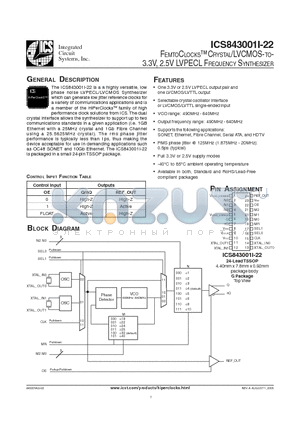 ICS843001AI22 datasheet - FEMTOCLOCKS CRYSTAL/LVCMOS-TO-3.3V, 2.5V LVPECL FREQUENCY SYNTHESIZER