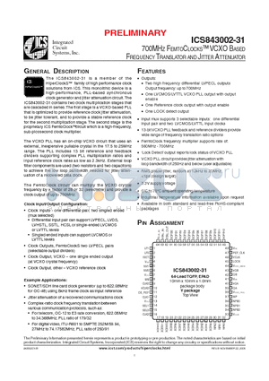 ICS843002-31 datasheet - 700MHZ FEMTOCLOCKS VCXO BASED FREQUENCY TRANSLATOR AND JITTER ATTENUATOR