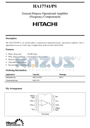 HA17741 datasheet - General-Purpose Operational Amplifier (Frequency Compensated)