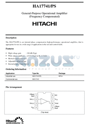 HA17741PS datasheet - General-Purpose Operational Amplifier (Frequency Compensated)